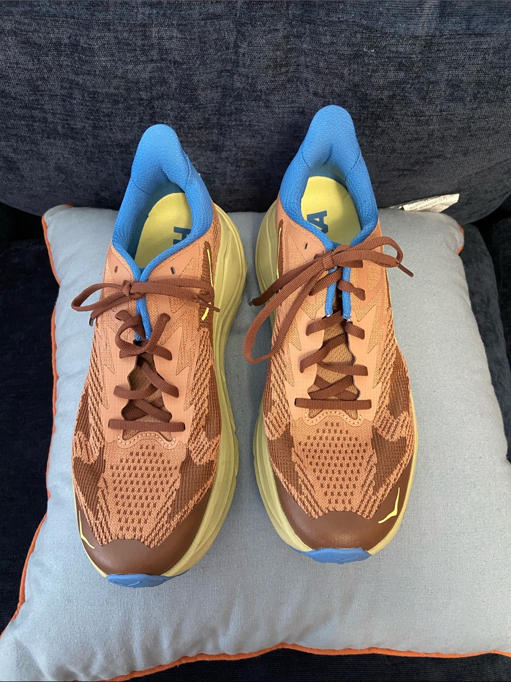Hoka Men's Brown Tan Running Shoes with Blue Interior. Size 9
